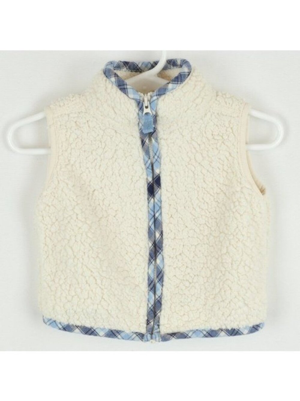 Carter's Infant 9 Months Cream & Blue Plaid Sherpa Fleece Zip Up Vest